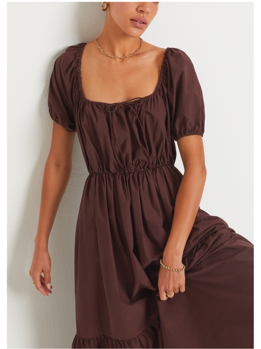 NWOT Matteau Women's Chocolate Brown Puff-Sleeve Maxi Dress